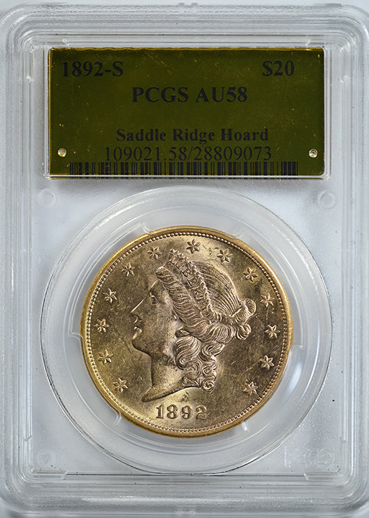 1892-S Liberty Head Gold Double Eagle $20 PCGS AU58 - Saddle Ridge Hoard Obverse Slab