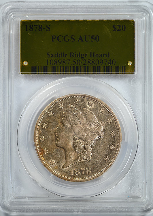 1878-S Liberty Head Gold Double Eagle $20 PCGS AU50 - Saddle Ridge Hoard Obverse Slab