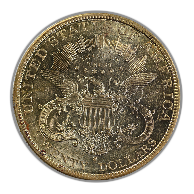 1879-S Liberty Head Gold Double Eagle $20 PCGS AU58 - Saddle Ridge Hoard Reverse