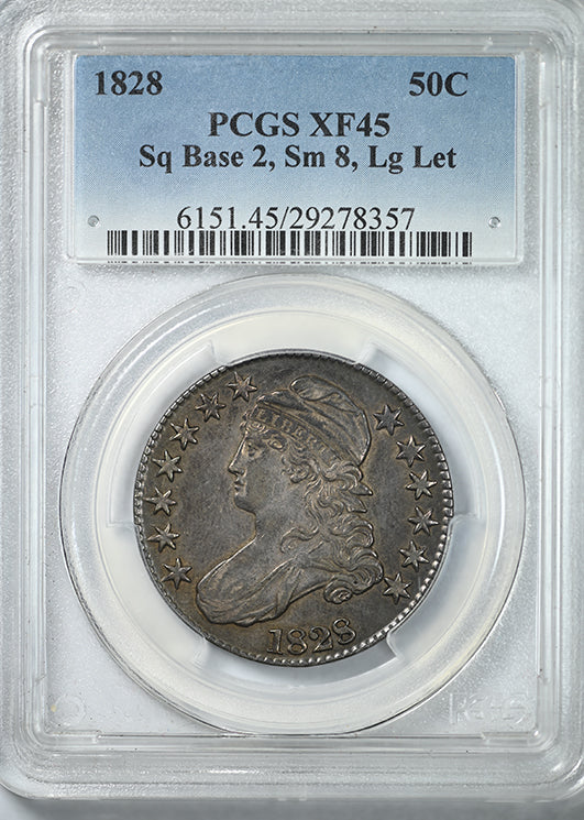 1828 Capped Bust Half Dollar 50C PCGS XF45 - Square Base, Small 8, Large Letters