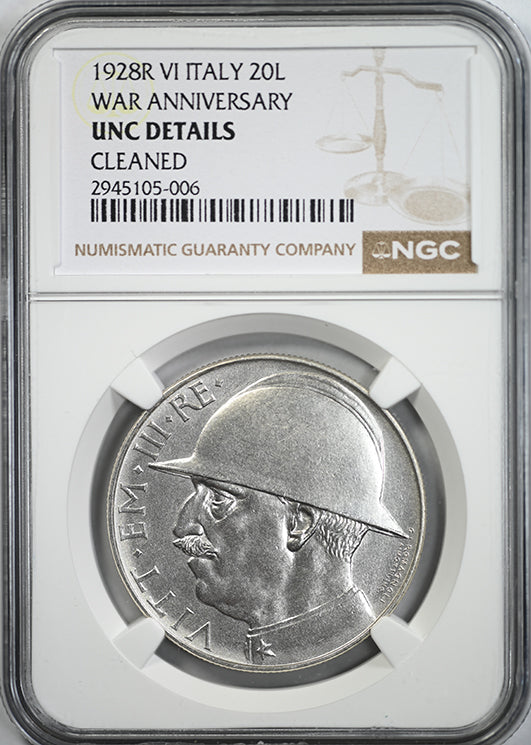 1928 R VI Italy 20L Lire NGC UNC Details - War Anniversary
