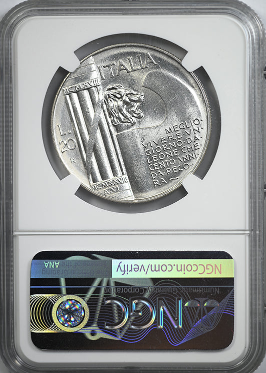 1928 R VI Italy 20L Lire NGC UNC Details - War Anniversary