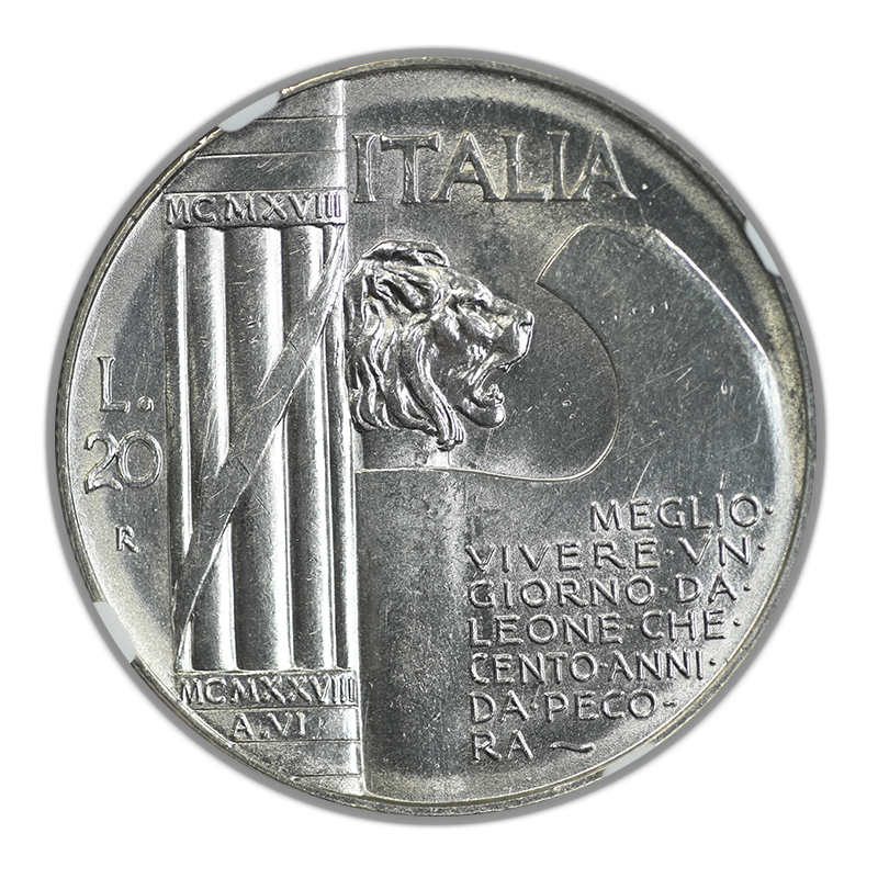 1928 R VI Italy 20L Lire NGC UNC Details - War Anniversary