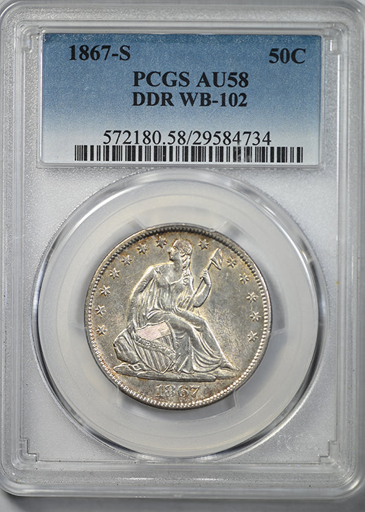 1867-S Doubled Die Reverse Liberty Seated Half Dollar 50C PCGS AU58 - DDR WB-102
