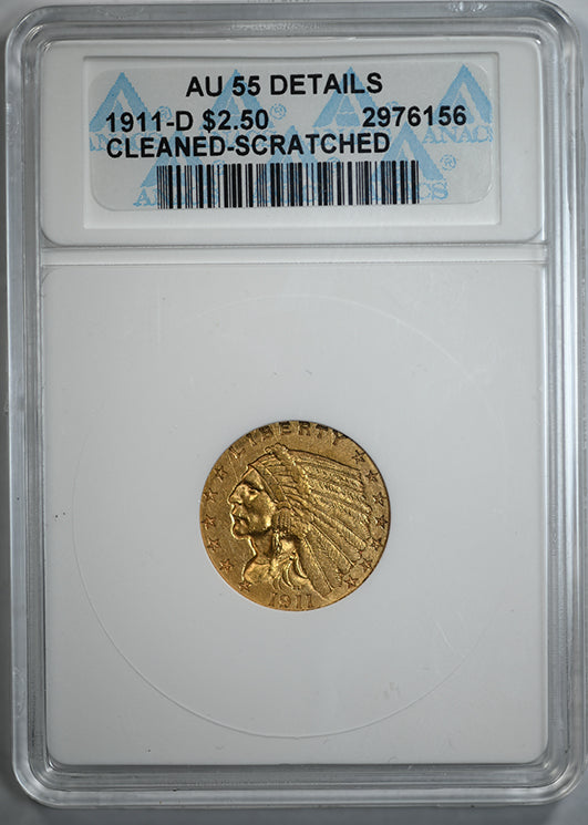1911-D Indian Head Gold Quarter Eagle $2.50 ANACS Soapbox AU Details Obverse Slab