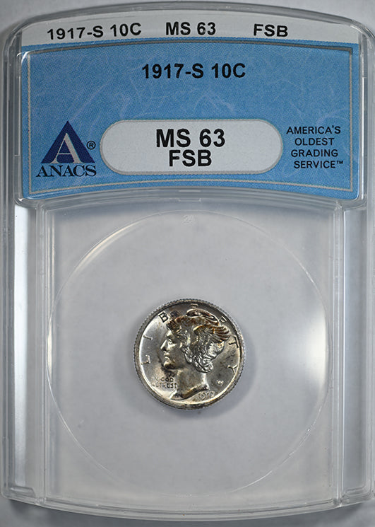 1917-S Mercury Dime 10C ANACS MS63FB - Full Bands