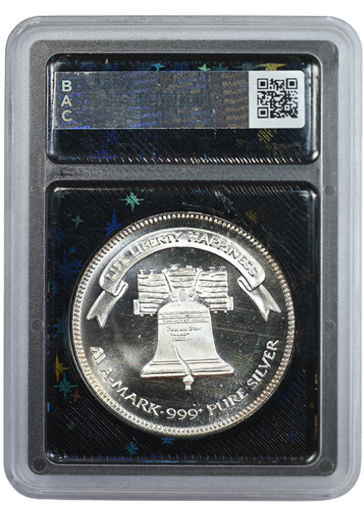 1985 A-Mark Precious Metals Eagle & Bell 1oz Silver Round BAC 9.5