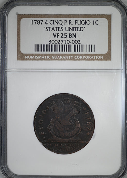 1787 Fugio Cent 1C 4 Cinq P.R. 'States United' NGC VF25BN