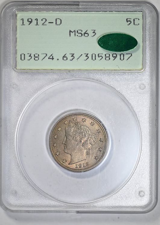 1912-D Liberty V-Nickel 5C PCGS Rattler MS63 CAC Obverse Slab