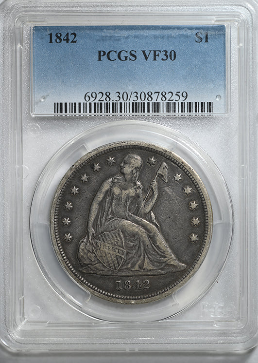 1842 Liberty Seated Dollar $1 PCGS VF30 Obverse Slab