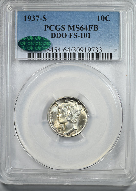 1937-S Doubled Die Obverse Mercury Dime 10C PCGS MS64FB CAC DDO FS-101 - Full Bands