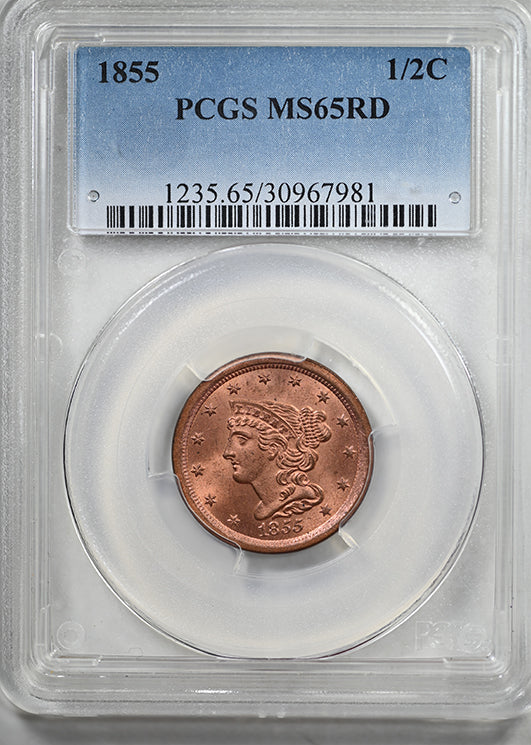 1855 Braided Hair Half Cent 1/2C PCGS MS65RD