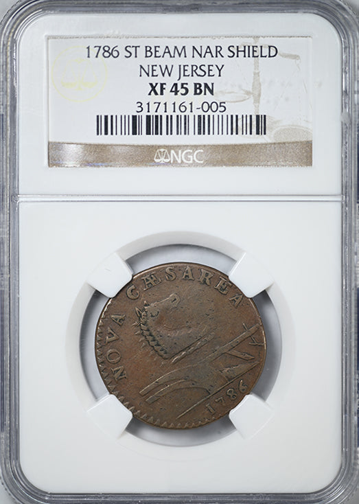 1786 New Jersey Copper Colonial St Beam Nar Shield NGC XF45BN