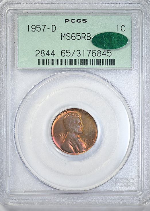 1957-D Lincoln Wheat Cent 1C PCGS MS65RB CAC OGH - TONED!