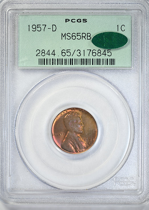 1957-D Lincoln Wheat Cent 1C PCGS MS65RB CAC OGH - TONED!