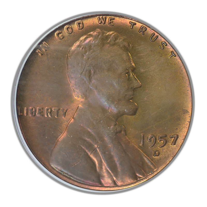 1957-D Lincoln Wheat Cent 1C PCGS MS65RB CAC OGH - TONED!