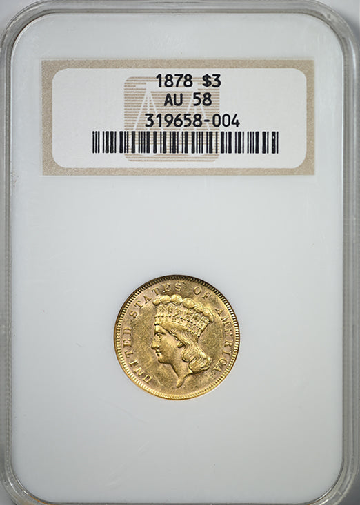 1878 Indian Princess Gold Three Dollar Piece $3 NGC Fatty AU58