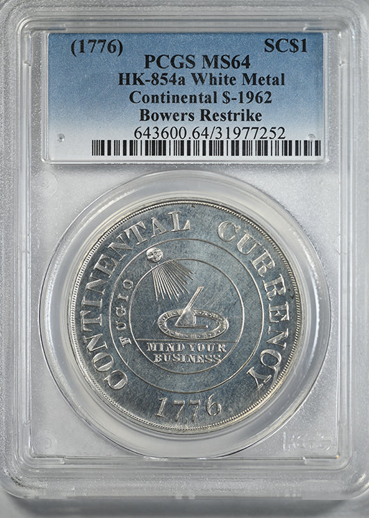 (1776) Continental Currency Dollar 1962 Bowers Restrike HK-854a White Medal PCGS MS64
