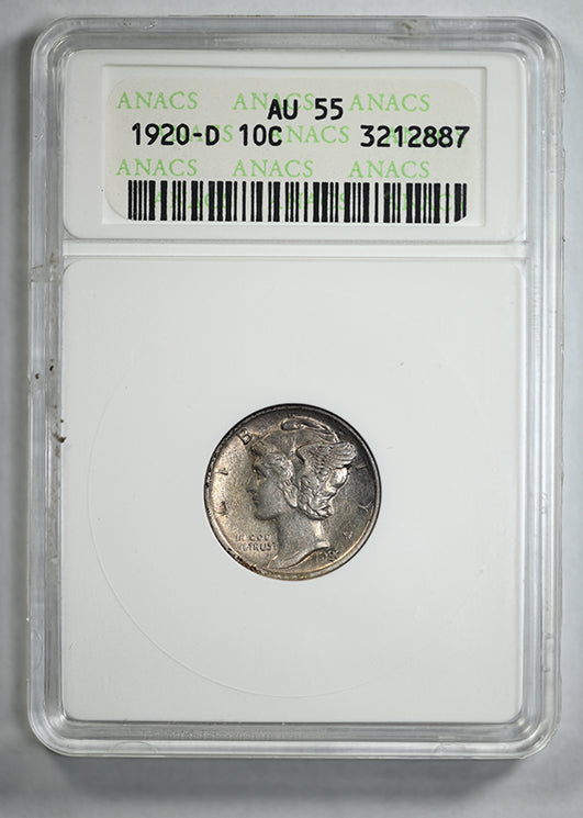 1920-D Mercury Dime 10C ANACS Soapbox AU55