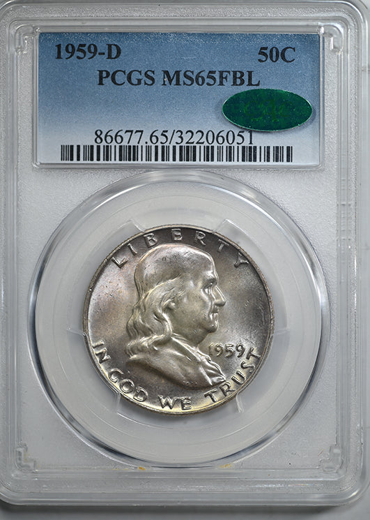 1959-D Franklin Half Dollar 50C PCGS MS65FBL CAC - Full Bell Lines Obverse Slab