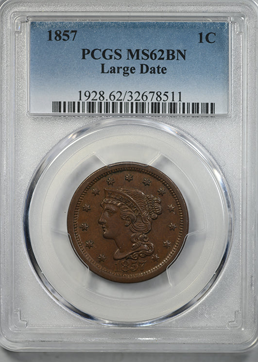 1857 Braided Hair Liberty Head Large Cent 1C PCGS MS62BN - Large Date Obverse Slab