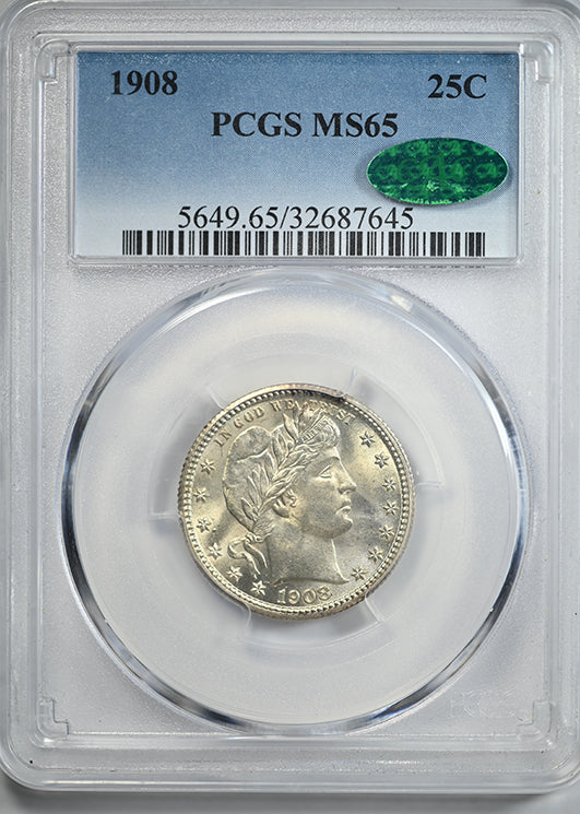 1908 Barber Quarter 25C PCGS MS65 CAC