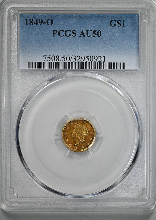 1849-O Type 1 Liberty Head Gold Dollar G$1 PCGS AU50 - NICE COLOR!