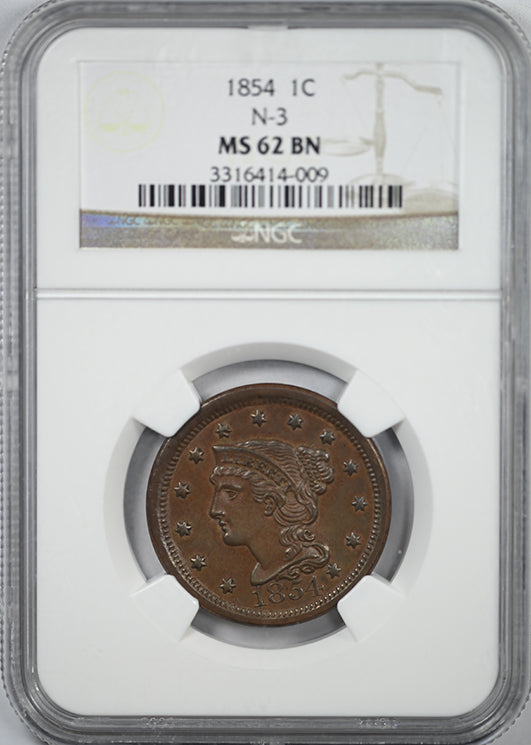 1854 Braided Hair Liberty Head Large Cent 1C NGC MS62BN N-3