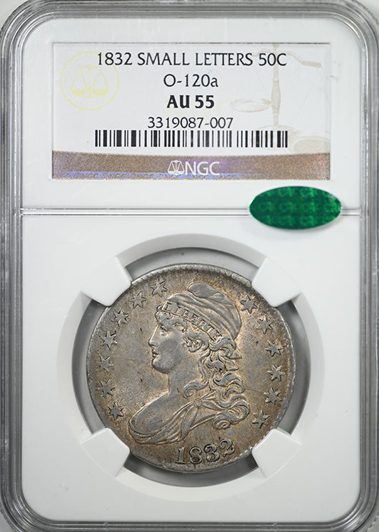 1832 Capped Bust Half Dollar 50C NGC AU55 CAC - Small Letters O-120a