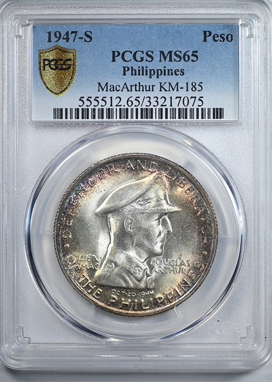 1947-S Philippines 1 Peso PCGS MS65 MacArthur KM-185 - TONED! Obverse Slab