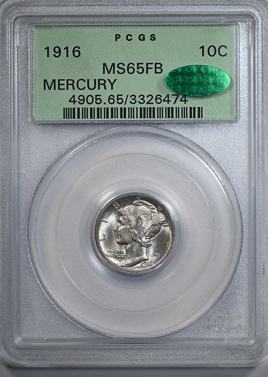 1916 Mercury Dime 10C PCGS MS65FB CAC OGH - Full Bands Obverse Slabw