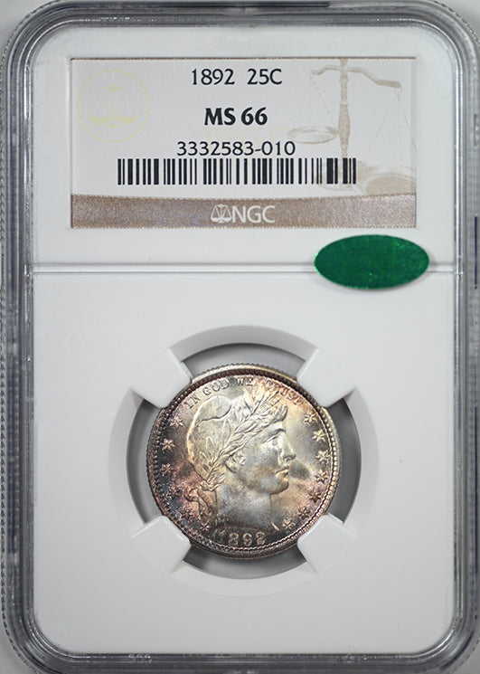 1892 Barber Quarter 25C NGC MS66 CAC - TONED!