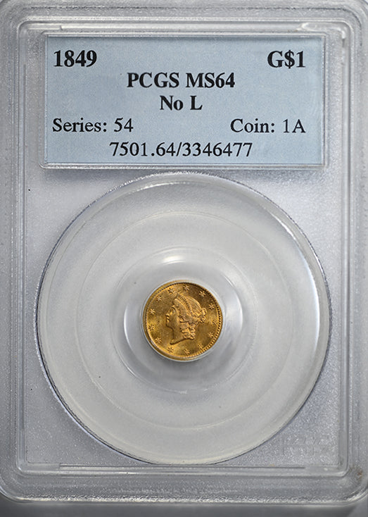 1849 Type 1 Liberty Head Gold Dollar G$1 PCGS MS64 - No L