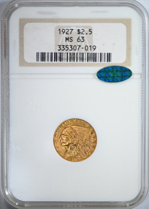 1927 Indian Head Gold Quarter Eagle $2.50 NGC MS63 CAC