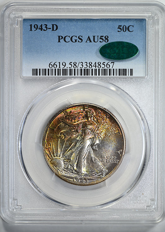 1943-D Walking Liberty Half Dollar 50C PCGS AU58 CAC - TONED!