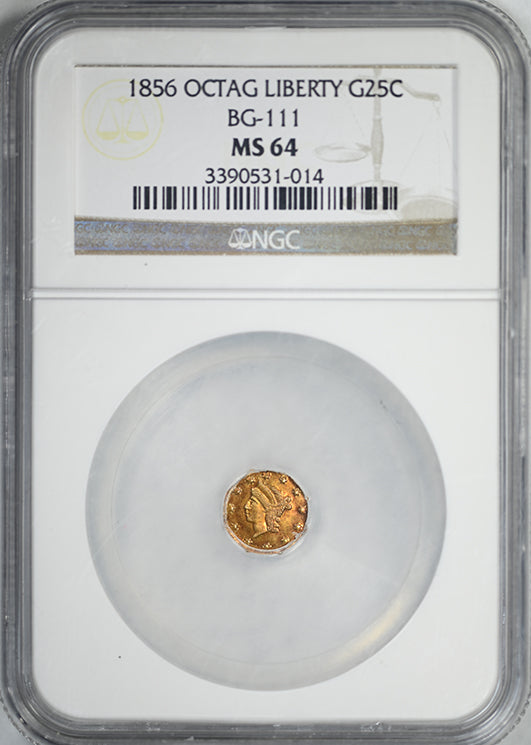 1856 Octagonal California Fractional Gold Liberty Head 1/4 Dollar G25C NGC MS64 BG-111 - TONED!