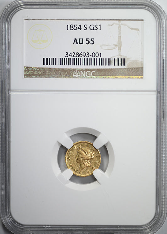 1854-S Type 1 Liberty Head Gold Dollar G$1 NGC AU55 Obverse Slab