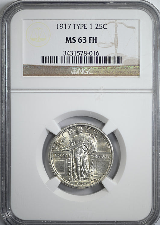 1917 Type 1 Standing Liberty Quarter 25C NGC MS63FH - Full Head Obverse Slab