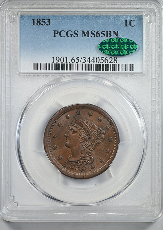 1853 Braided Hair Liberty Head Large Cent 1C PCGS MS65BN CAC