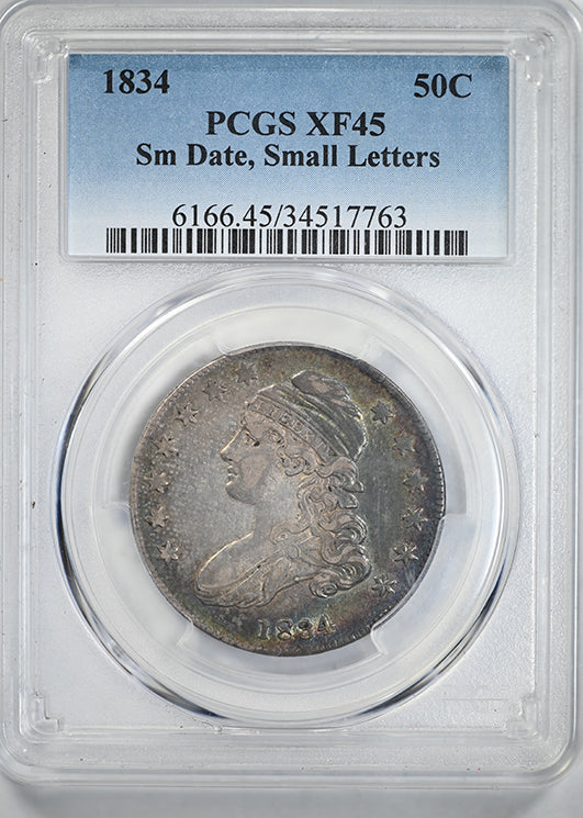 1834 Capped Bust Half Dollar 50C PCGS XF45 - Small Date, Small Letters - TONED!