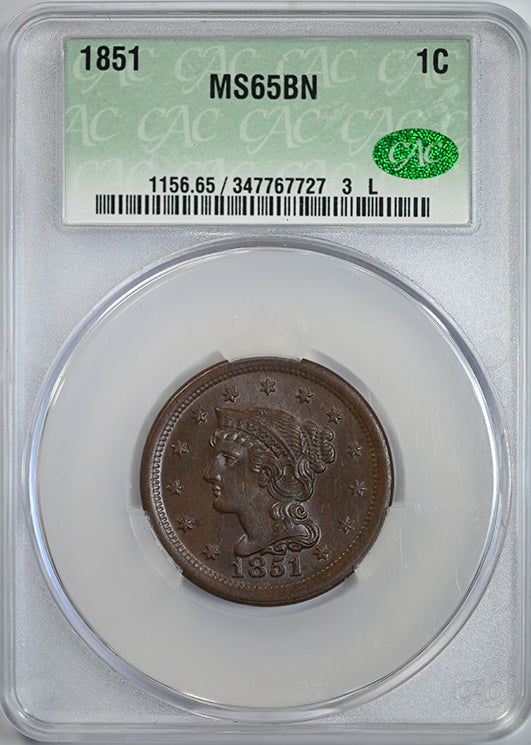 1851 Braided Hair Liberty Head Large Cent 1C CAC MS65BN Obverse Slab