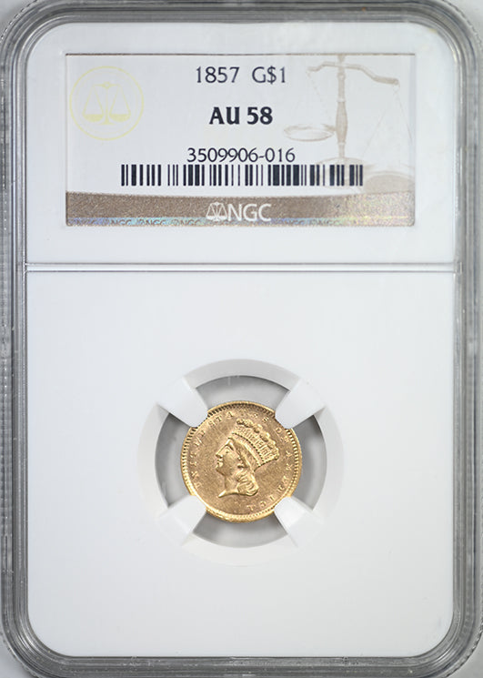 1857 Type 3 Indian Princess Head Gold Dollar G$1 NGC AU58