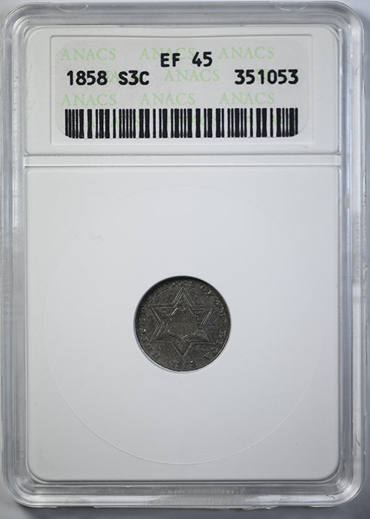 1858 Silver Three Cent Piece 3CS ANACS Soapbox EF45 Obverse Slab