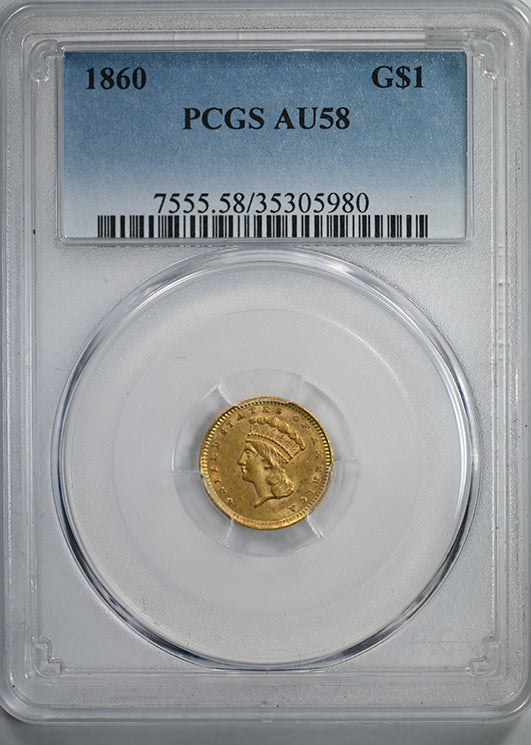 1860 Type 3 Indian Princess Head Gold Dollar G$1 PCGS AU58 Obverse Slab