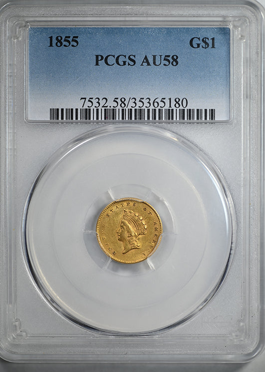 1855 Type 2 Indian Princess Head Gold Dollar G$1 PCGS AU58