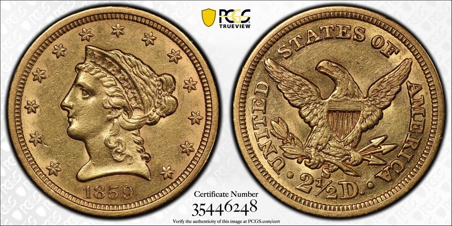 1859-S Liberty Head Gold Quarter Eagle $2.50 PCGS AU55