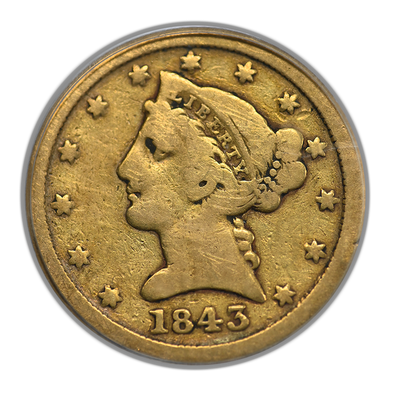 1843-C Liberty Head Gold Half Eagle $5 PCGS VG08 - CHARLOTTE GOLD!