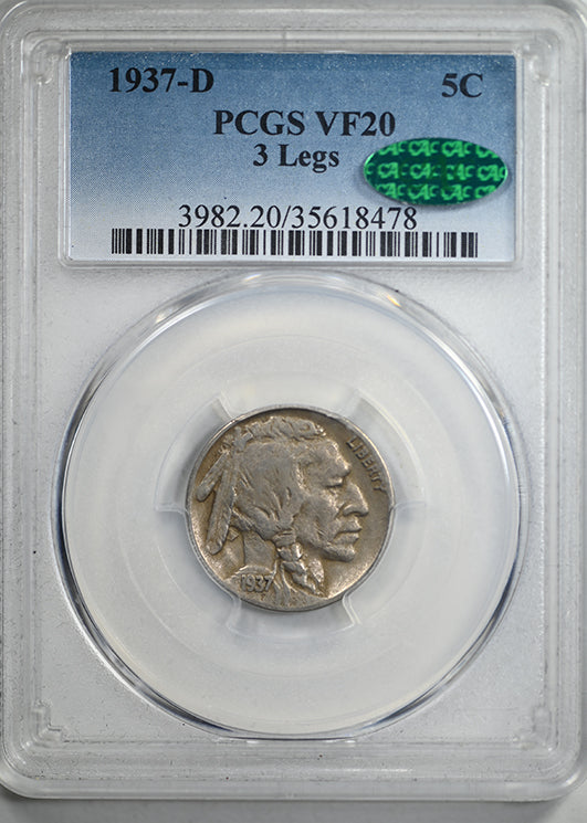 1937-D Buffalo Nickel 5C PCGS VF20 CAC - 3 Legs