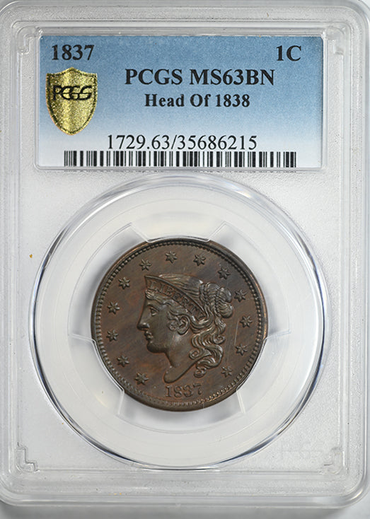 1837 Coronet Head Large Cent 1C PCGS MS63BN - Head of 1838