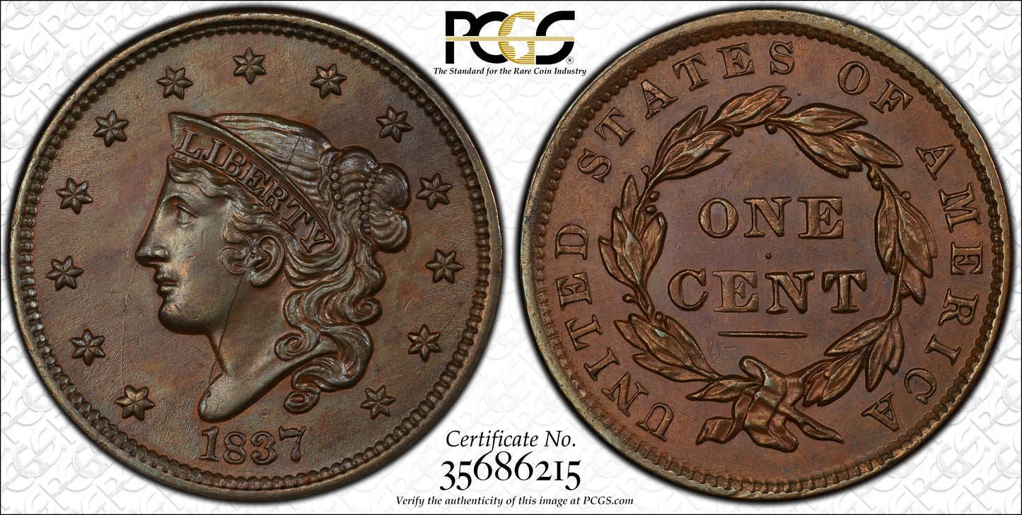 1837 Coronet Head Large Cent 1C PCGS MS63BN - Head of 1838